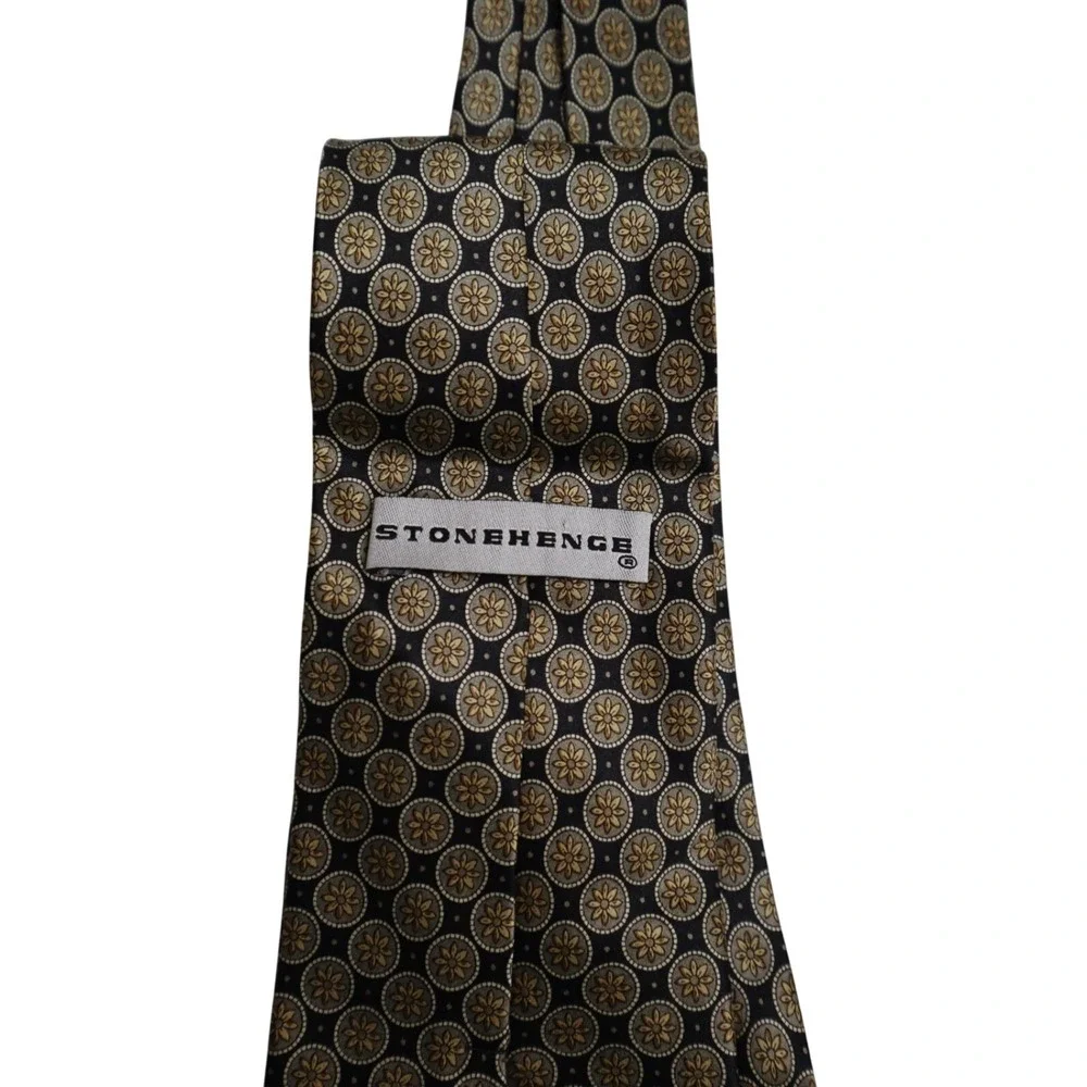 STONEHENG E Mens Silk‎ Neck Tie Geometric Pattern Gold Black Formal